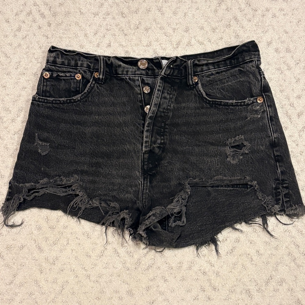 Zara Black Distressed Denim Shorts Button Fly Womens Size 8 Festival Grunge Rave